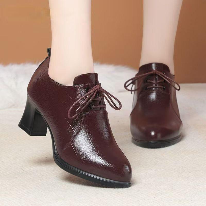 2025 new lace-up women's shoes medium heel single shoes non-slip thick heel fashion spring and autumn mother shoes women's British small leather shoes