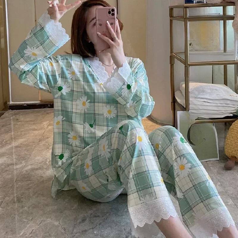 2Pcs/set Women's Pajamas V-neck Student Homewear Milk Silk Long-sleeved Trousers Lace Lace Can Go Out Clothes Women's