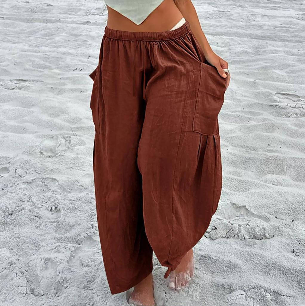 Damen Plus Size Leinenhose mit weitem Bein, mittlere Taille, Sommer-Baggy-Hose