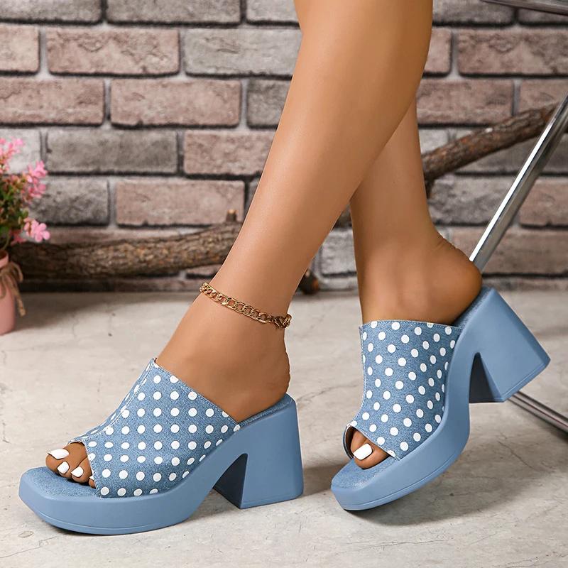 Fashion Casual 2025 Polka Dot Design Blue Slippers Women New Square Toe Thick Bottom Sandal Woman Summer Comfort Thick Sole Slides Mujer