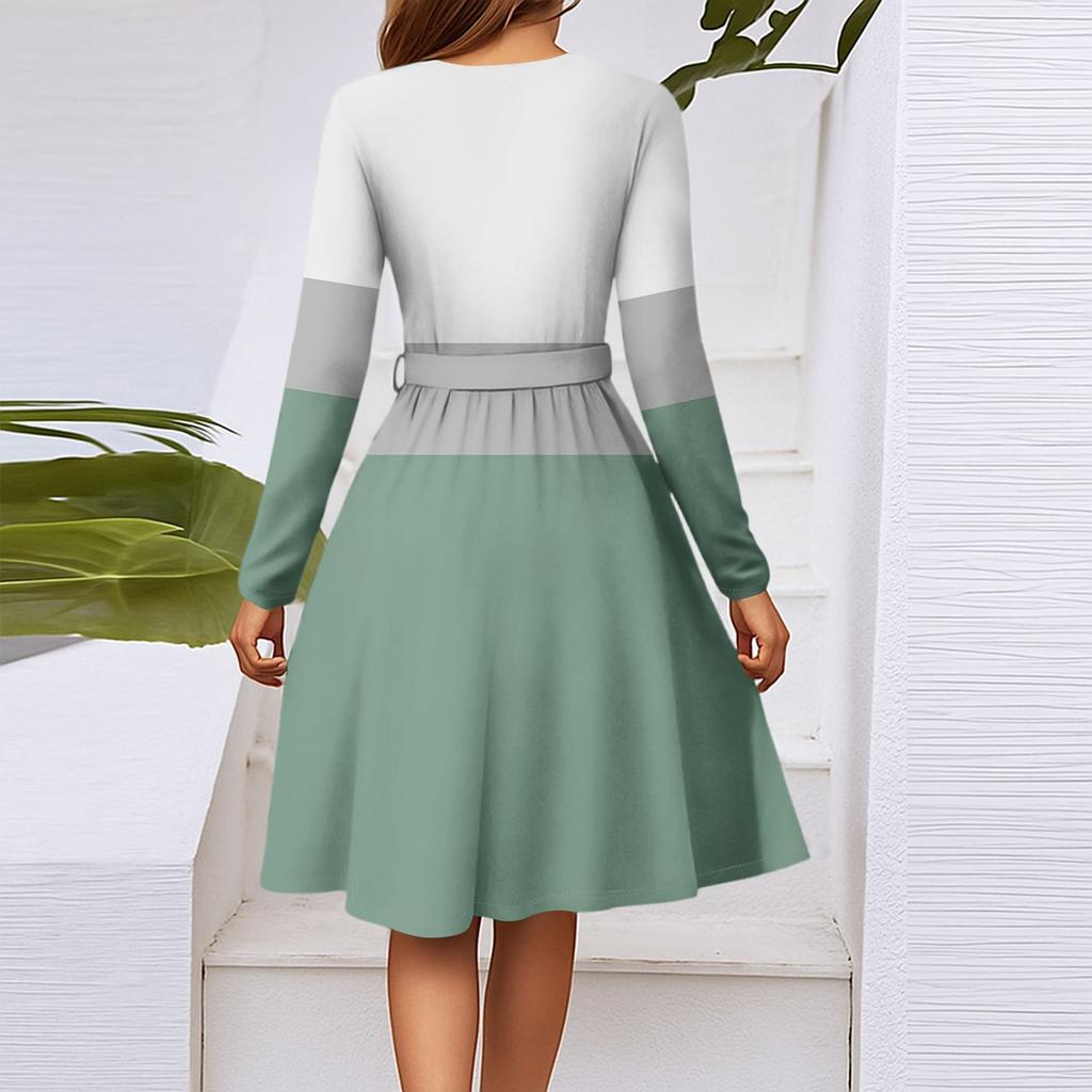 Women's Fashion Casual V-Neck Long Sleeve Waist Plaid Print Midi Dress