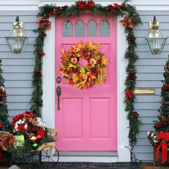 18 Inch Fall Wreath for Front Door Large Autumn Wreath with Artificial Pumpkins Sunflowers Maple Leaves for Thanksgiving Harvest Farmhouse Porch Wall