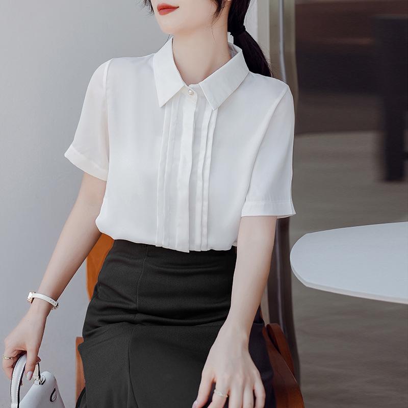 2026 Koreanischer Stil Plissiertes Satin-Chiffon-Hemd - Kurzärmelig, Vielseitige Damenmode