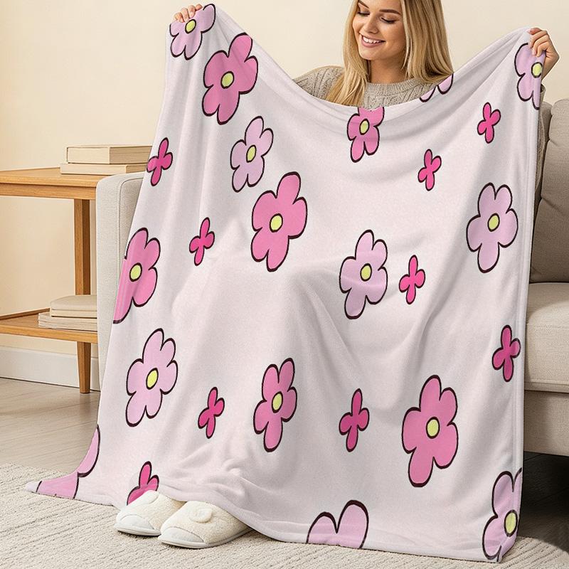 Soft Flannel Fleece Blanket, Breathable Floral Pattern Cozy Throw, Warm Gentle Sofa & Bed Decor, Perfect for Christmas & Halloween