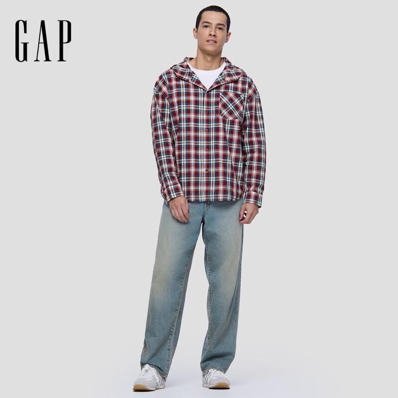 Gap Unisex 2025 Fall Hooded Plaid Long Sleeve Shirt Jacket 185/104A