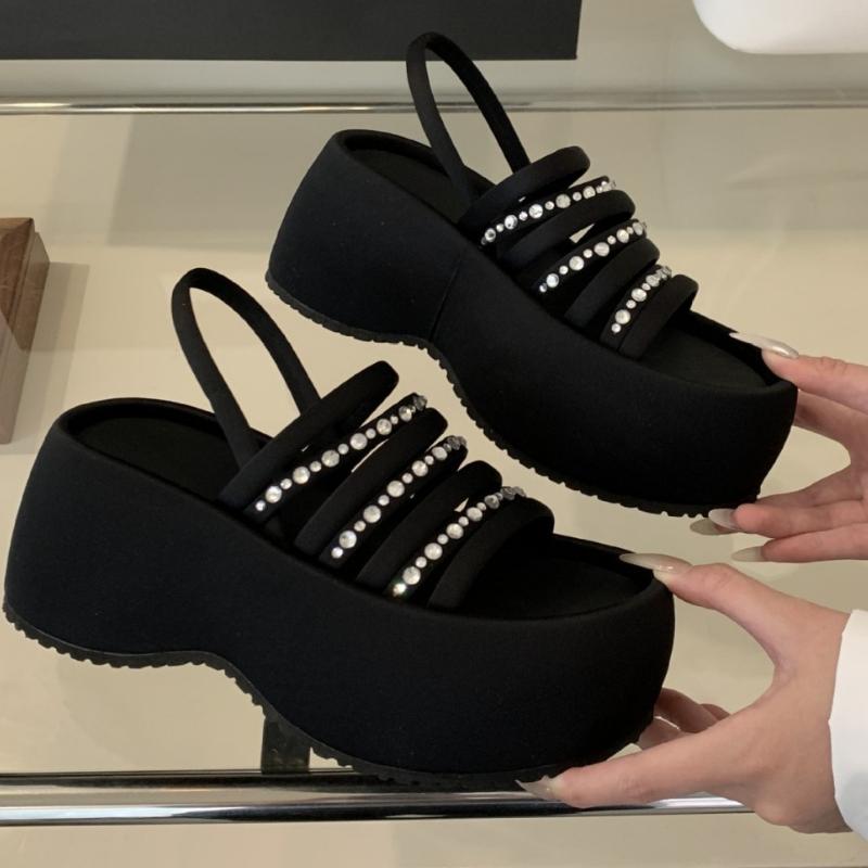 Bling Rhinestone Thick-Soled Open Toe Women Sandals 2025 Summer Fashion Design Retro Roman Ankle Strap Women Beach Slippers