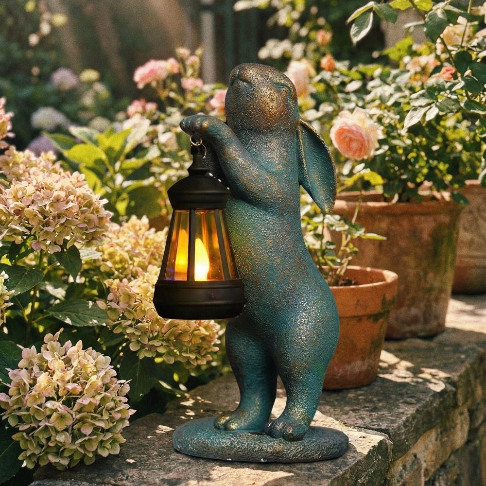 Resin Rabbit Solar Lantern Solar Powered Night Illumination Animal Garden Statues Waterproof Cute Outdoor Rabbit Art Decor