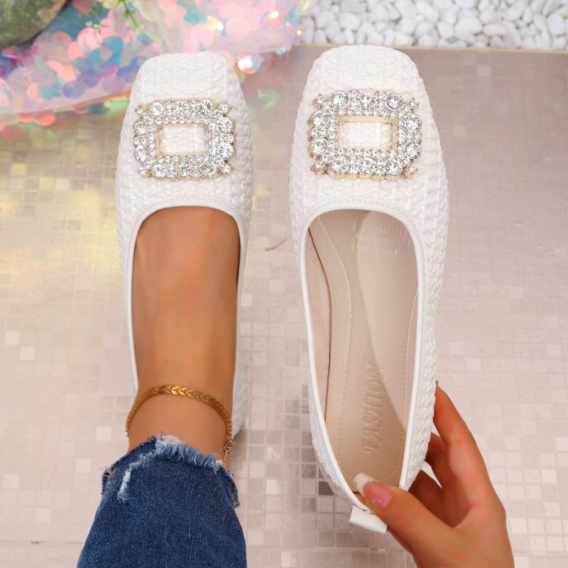 Gentle flat shoes spring new shallow mouth rhinestone square head temperament single shoes women