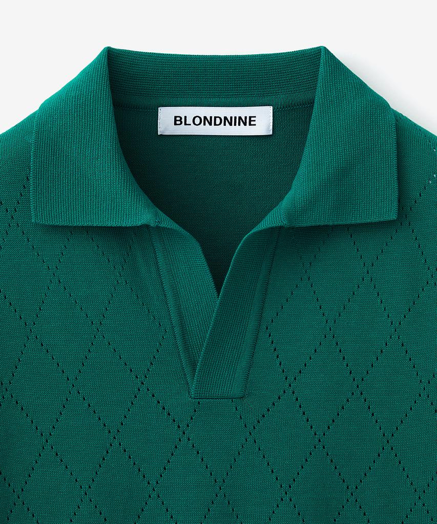 BLOND9 Cotton Diamond Open Collar Short Sleeve Knit_Green