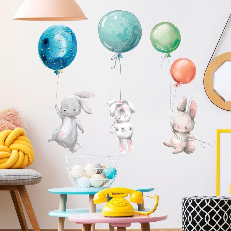 New Colorful Balloon Rabbits Bedroom Wall Stickers for Kids Room Decoration Grey Bunny Wall Stickers for Children Nursery Wall Decal