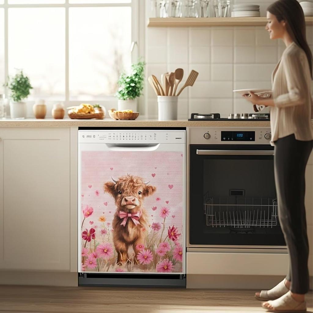 Highland Cow Dishwasher Magnets Decorative Cover Magnetic Cover for Refrigerator Wash Machine Metal Door Cover Sticker Magnetic Dishwasher Cover