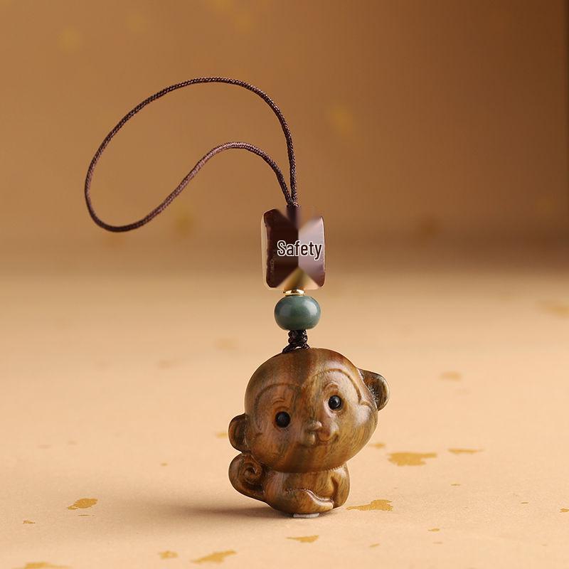 Sandalwood Zodiac Monkey Keychain Pendant: Retro Car Ornament for Men & Women