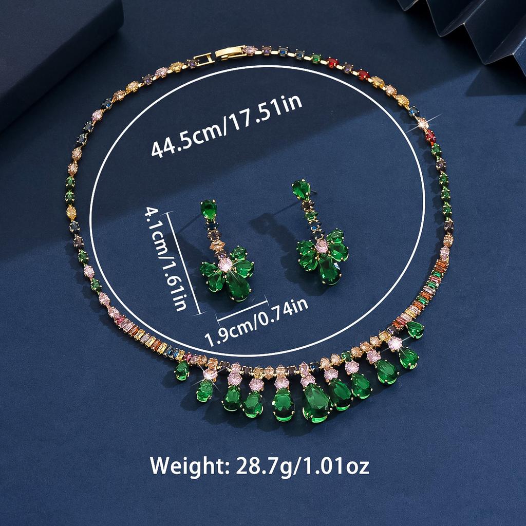 3-teiliges Damenmode Zirkon Grün Wassertropfen Halskette Ohrringe und Zirkon Set, Geeignet für Hochzeit, Party und Festivalgeschenke