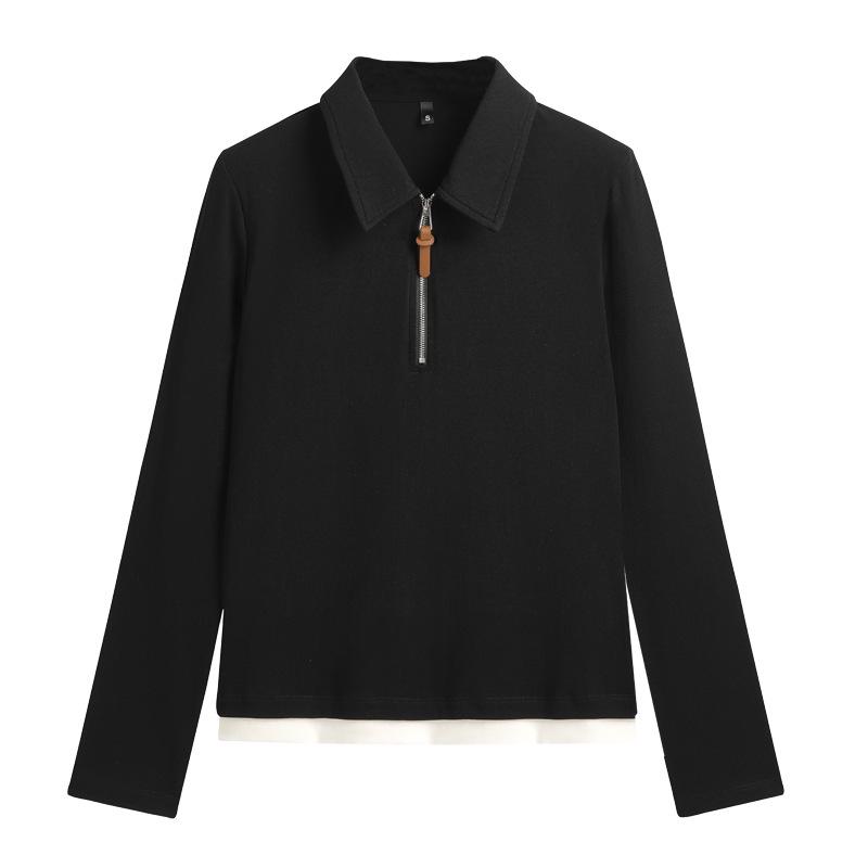 Women's Slimming Cotton Long Sleeve Zipper Lapel T-Shirt