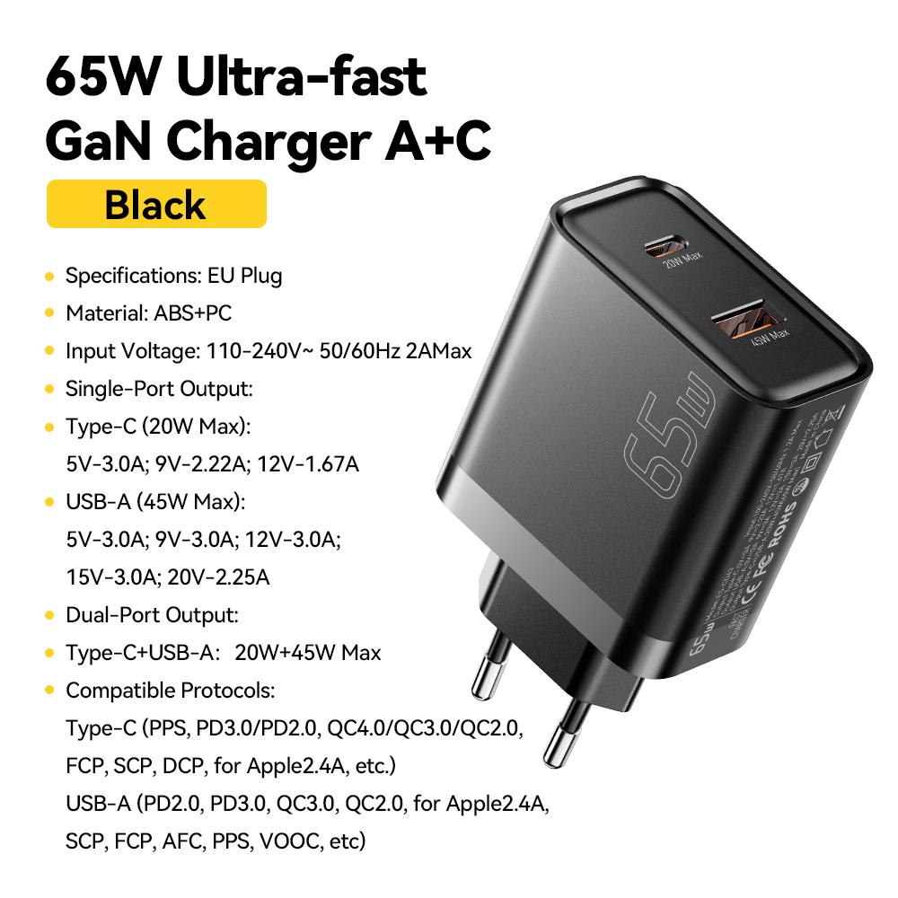 Încărcător GaN 65W QC 4.0 PD 3.0 Tip C Încărcător USB pentru iPhone 15 14 13 Pro Max Samsung Xiaomi MacBook Laptop Încărcătoare Rapide