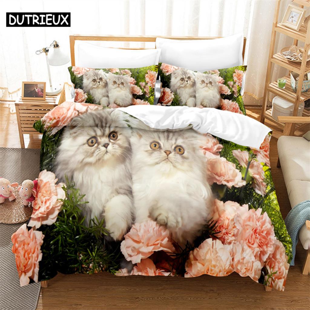 Comforter Cat Flowers Queen Bedding Set Pink Bedding Digital Printing King Size Bedding Sets