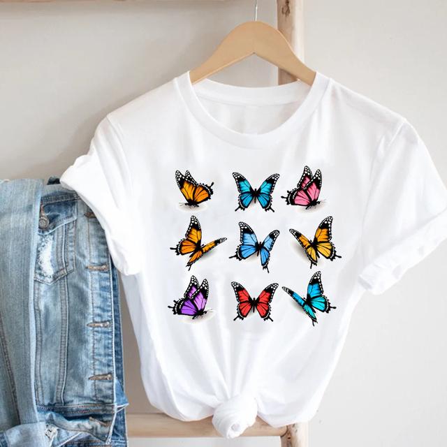 Kvinnor Fjäril Kortärmad Vår Sommar Trend Tryck Kläder Mode Kläder Tryck T-tröja T-shirt Kvinnlig Grafisk T-shirt