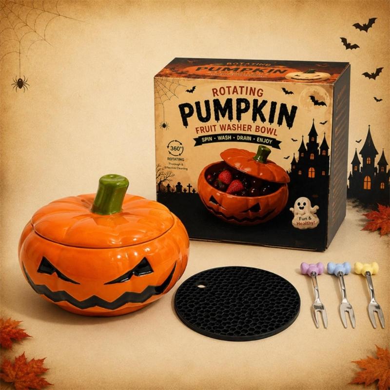 Halloween Berries Draining Bowl with Wash-and-Drain Design, Black Face Accent, and Lidded for Washing Fruits and Vegetables Serving