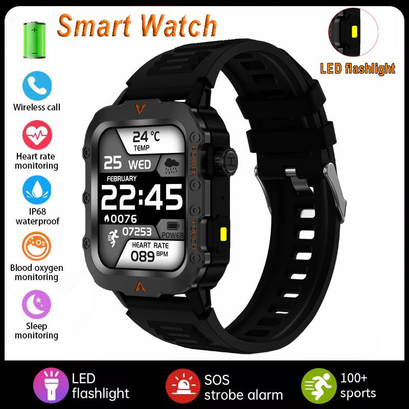 New Men's BT Call Smart Watch LED Flashlight Outdoor Sports Fitness Tracking Smartwatch Wristwatch Health Monitoring Watch