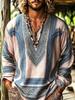 European and American Men's Bohemian Resort-style V-neck Long-sleeved Shirts. the Geometric Print Design Is Trendy and Novel.
