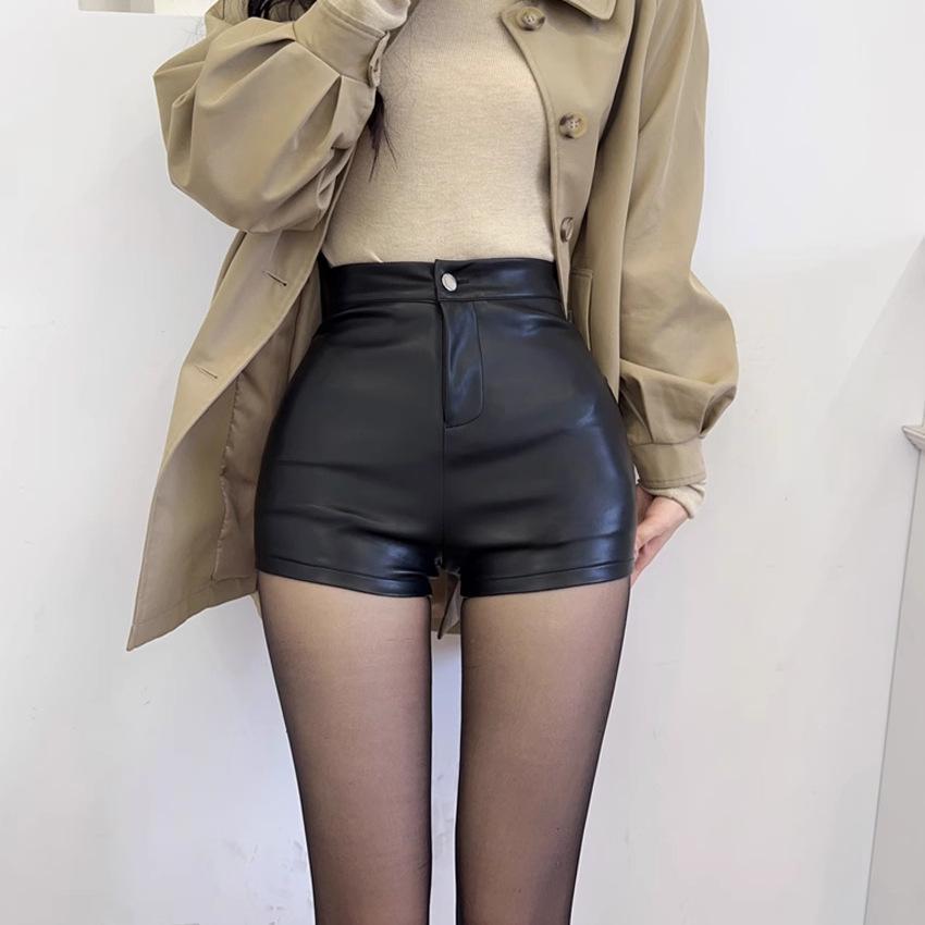 Black High-Waist PU Leather Shorts for Women - Sexy, Fashionable, and Tight Hip-Wrap Design with Zipper