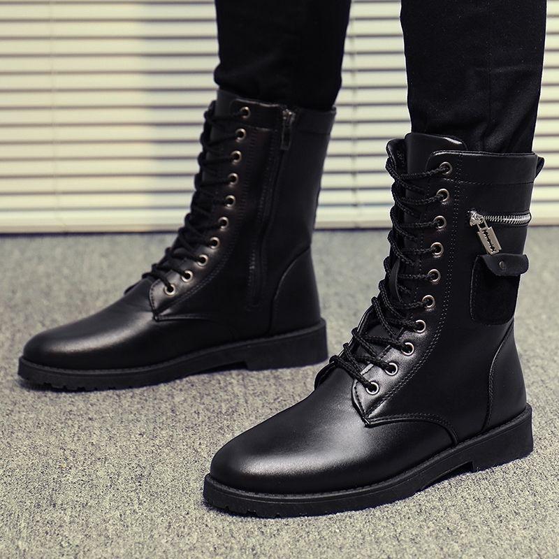 

Men s Plus Velvet Black Leather High-Top Martin Boots, Korean Style Mid-Calf Retro Autumn/Winter Trendy Outdoor Work Boots 39