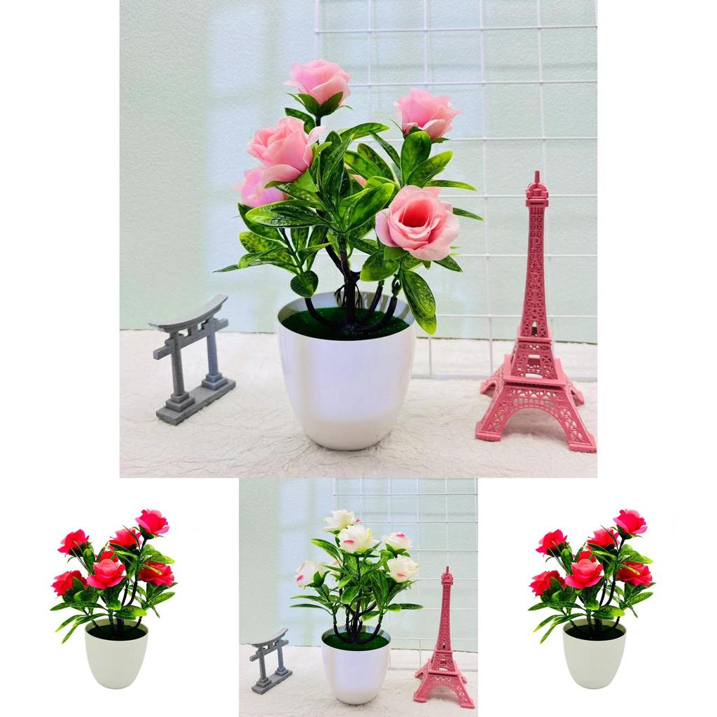 Artificial Seven Rose Desktop Plant With Miniature Greenery For Wedding Decor