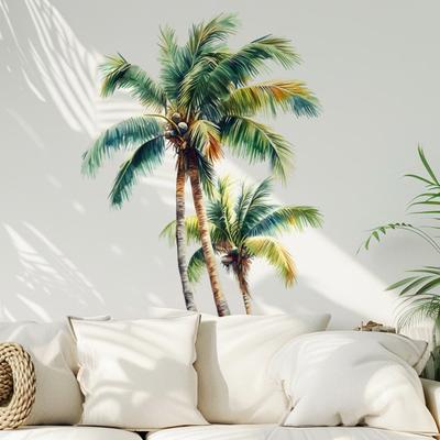 Fake Window Wall Sticker Summer Beach Ocean Coconut Tree Landscape Decal Stick And Peel Natural Seascape Scene Mural