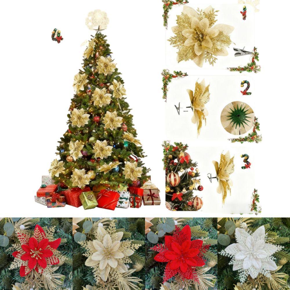 10pcs Christmas Artificial Flowers Tear-resistant Cloth Material DIY Wreath Pendant Red Silver Gold Xmas Tree Flowers
