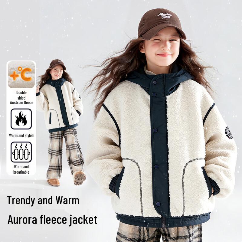 Детская флисовая куртка с капюшоном в стиле колор-блок 140 бежевый