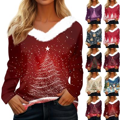Damenmode Langarm Weihnachtstag Bedrucktes Plüschhals-Pullover-Oberteil mit V-Ausschnitt