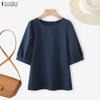 ZANZEA Women Casual Crew Neck Solid Color Loose Half Sleeve Blouse