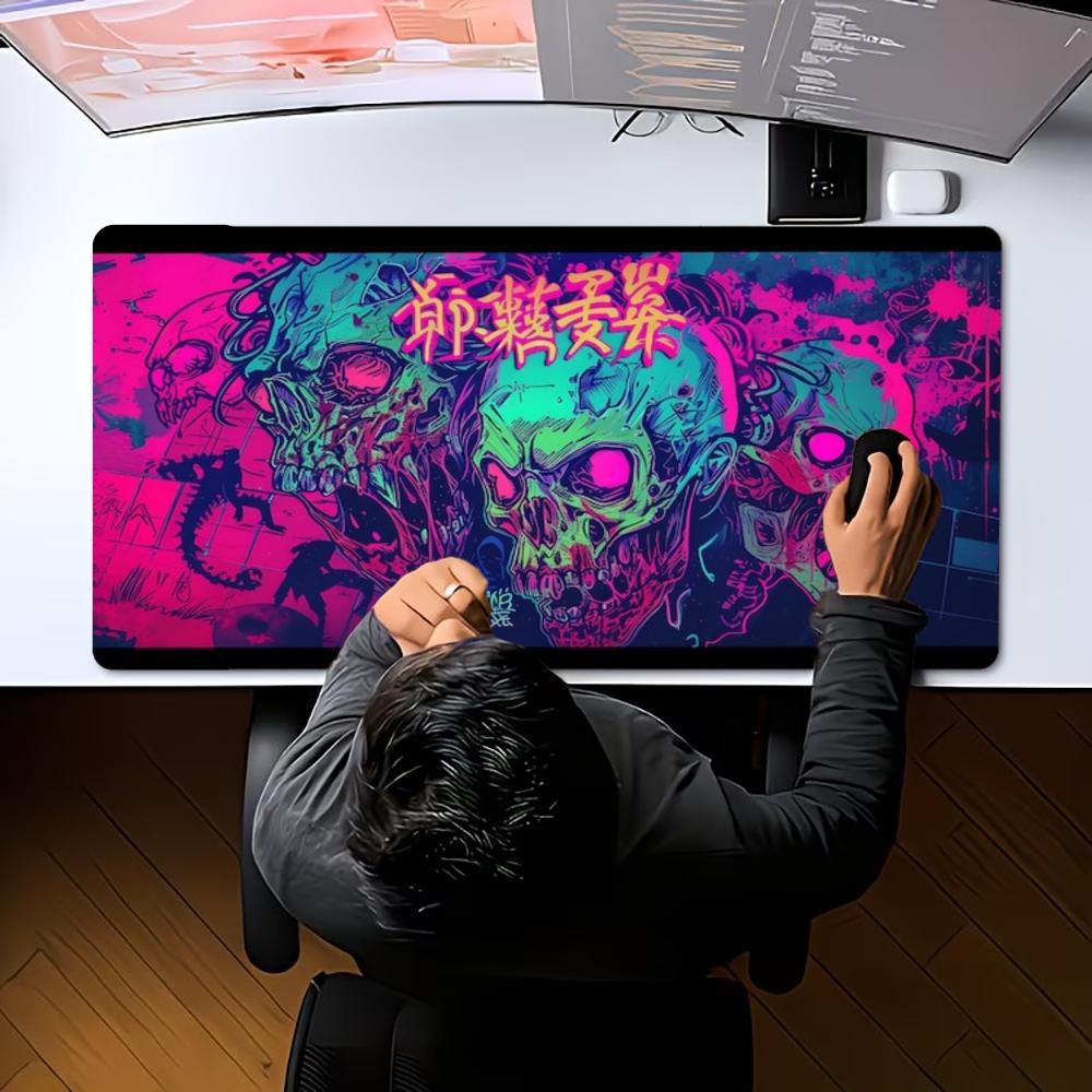 Großes XXL Neon Totenkopf Mauspads Cyberpunk Lila Gaming Mauspads Tastaturmatte Schreibtischmatte Rutschfeste Gummibasis für PC Gamer Büro