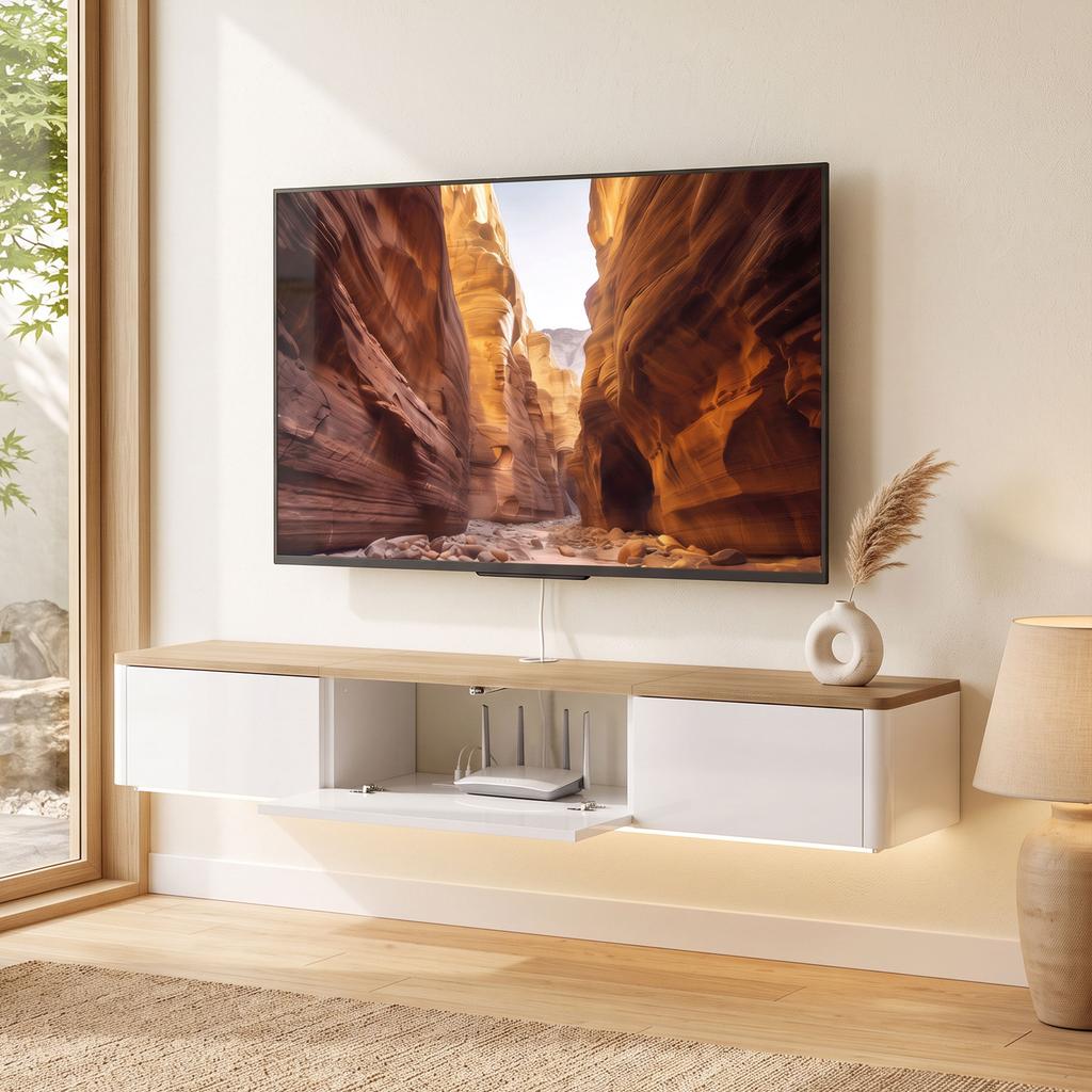Supporto TV da parete per TV da 65", 2 cassetti, Luci LED RGB, Prese di corrente, Bianco e Legno