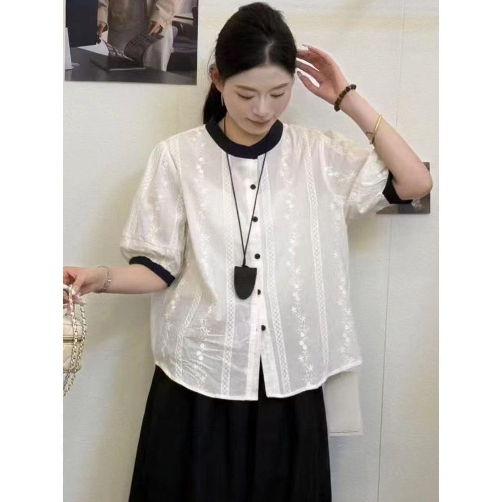 French Hollow Embroidery Short Sleeve Summer Blouse - Casual, Versatile Jacquard Loose Fit