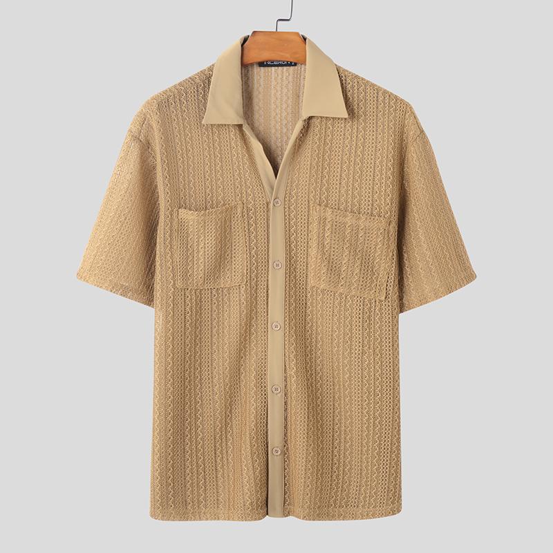 

INCERUN Mens Oversized Short Sleeve Button Down Semi-Sheer Casual Loose Texture Shirts 3XL хаки