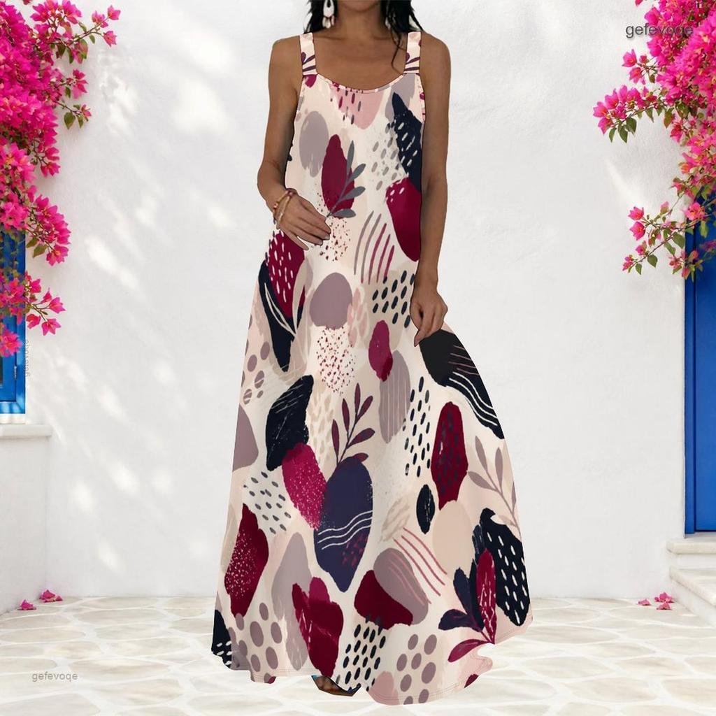 Women Plus Size Scoop Neck Strappy Sleeveless Geometric Printed A Line Long Dress