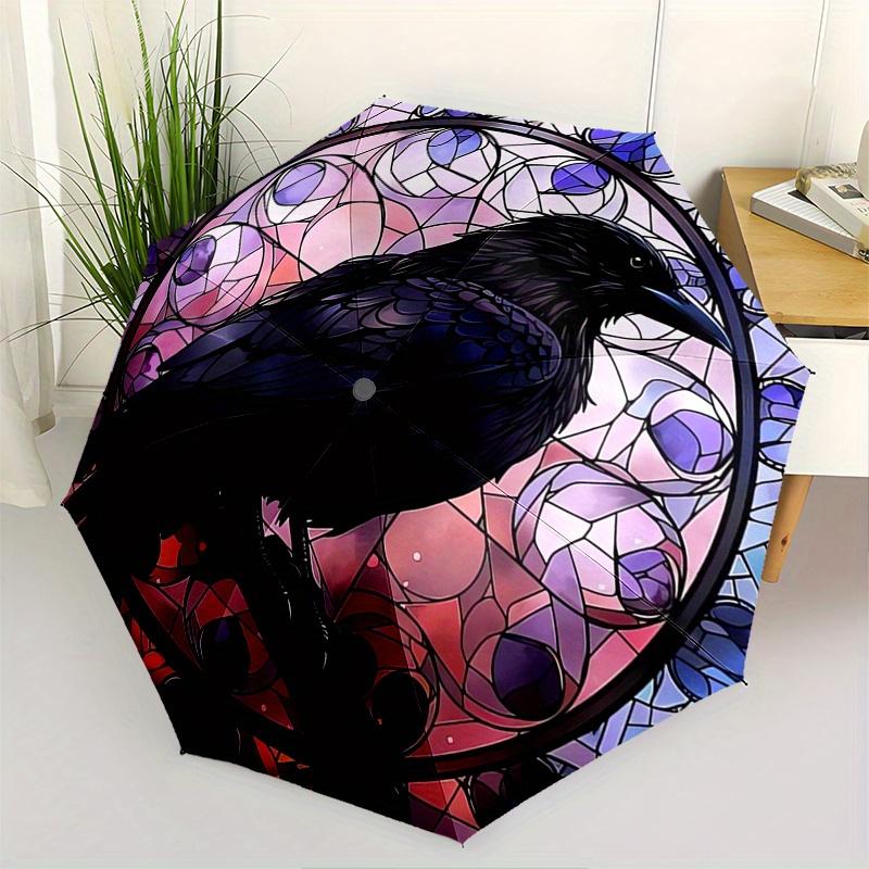 

Stained Glass Raven Automatic Folding Umbrella 8 Ribs, Durable Iron Frame, Bright Color Pattern Compact Travel Umbrella, Suitable for Outdo