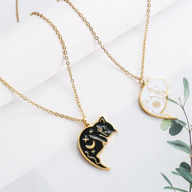 2 Stück Edelstahl Schwarz Weiß Katze Halskette Liebe Umarmung Katze Passende Partner Halsketten BFF Schmuck für Frauen Freundin