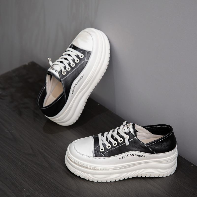 

Leather platform white shoes women s summer and autumn new soft-soled heightening board shoes one pedal light muffin single shoes 35 чёрный