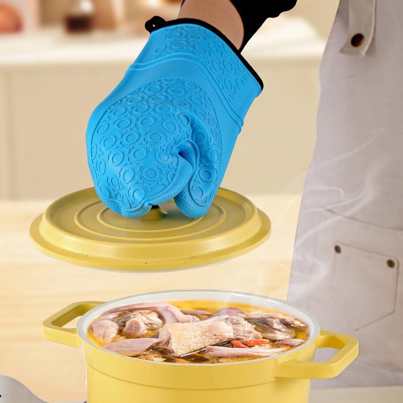 Auf Lager Doppellagiger Silikon-Küchen-Backofenhandschuh mit Baumwollkante