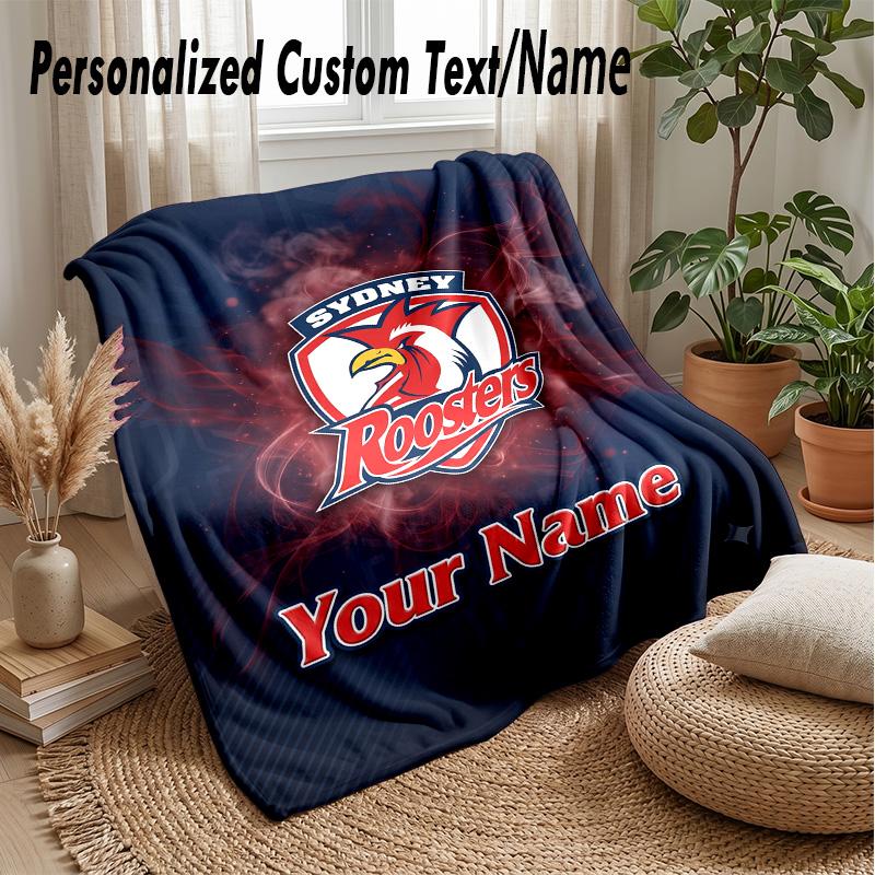 Sydney Roosters Custom Flannel Throw Blanket Print Your Name Text Soft Warm Blanket Holiday Present