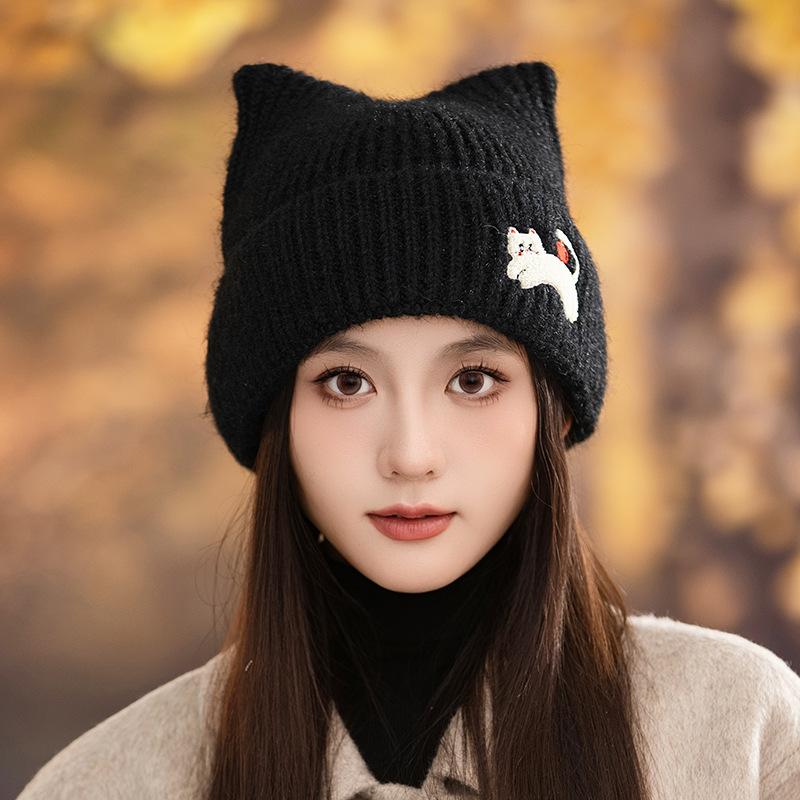 Autumn and Winter Hat Women's Wool Knitted Hat Cute Cat Ear Warm Cold Hat