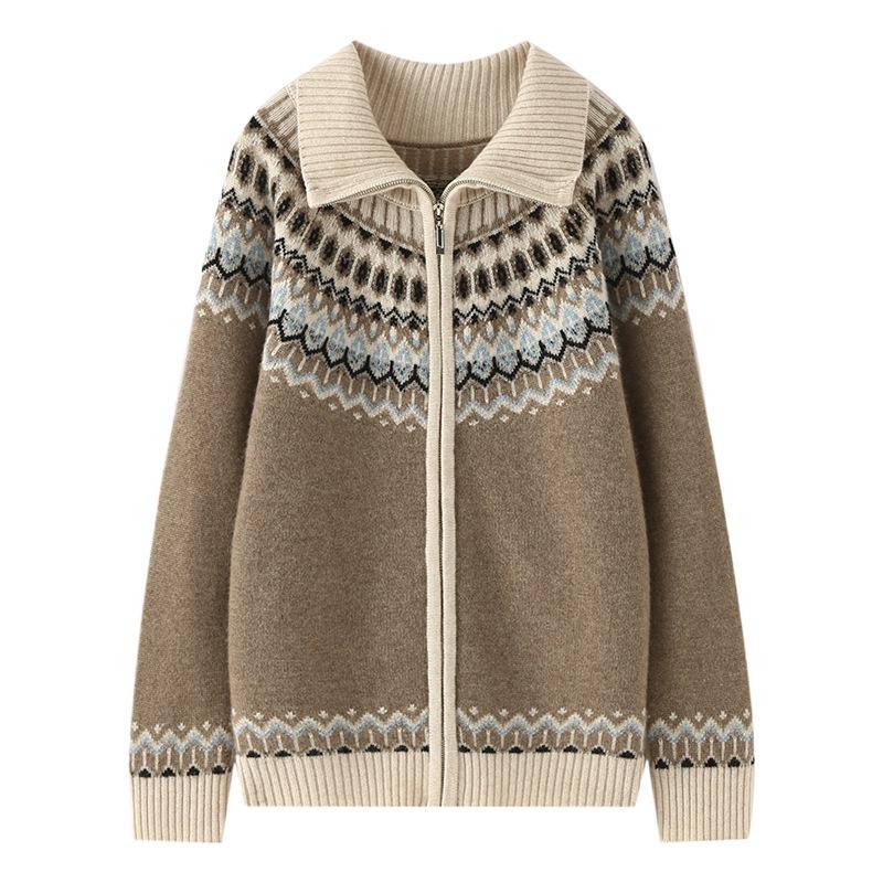 Women's Fair Isle Cashmere Zipper Cardigan - Cozy Autumn/Winter Sweater Coat.