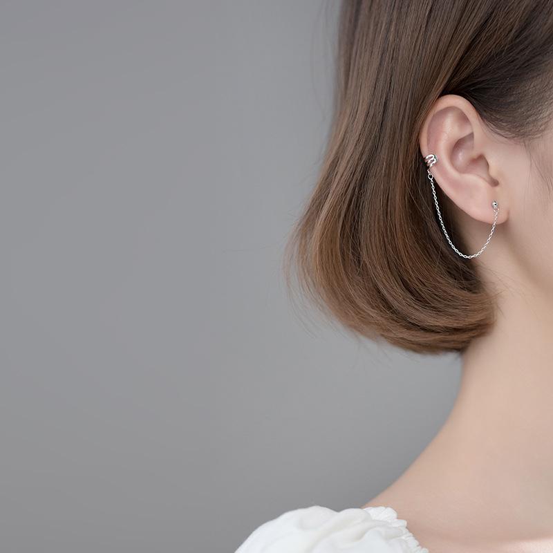 Cercei Argint Sterling 925 Femei Clip de Ureche Manșetă Lanț Legat cu Știft Mărgeluță Mică O Piesă