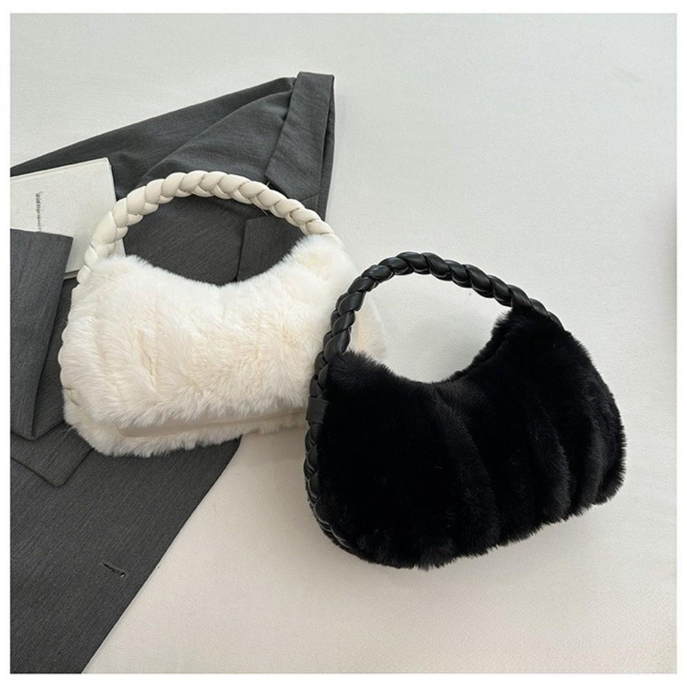 Luxury Furry Shoulder Bag Solid Color Soft Handbag Zipper Fluffy Clutch Bag