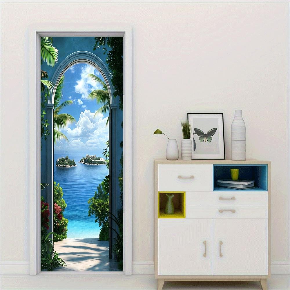 2pcs Mediterranean style arched door wall stickers, three-dimensional simulation sea view stickers, living room bedroom entrance