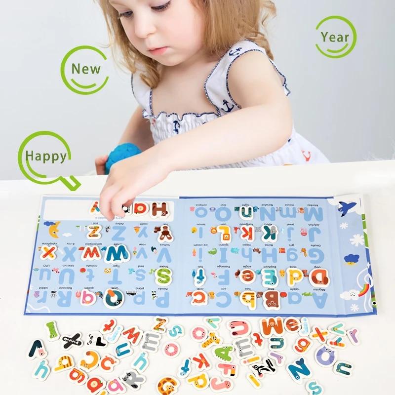 Montessori Busy Quiet Book Angličtina Magnetická písmena Karta Párovací Cvičení Puzzle Hry na hláskování Vzdělávací hračky pro děti Dárky