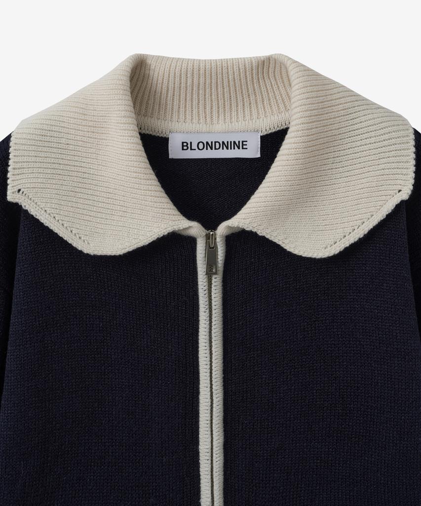 BLOND9 Shawl Collar Coloration Knit Zip-Up_Navy