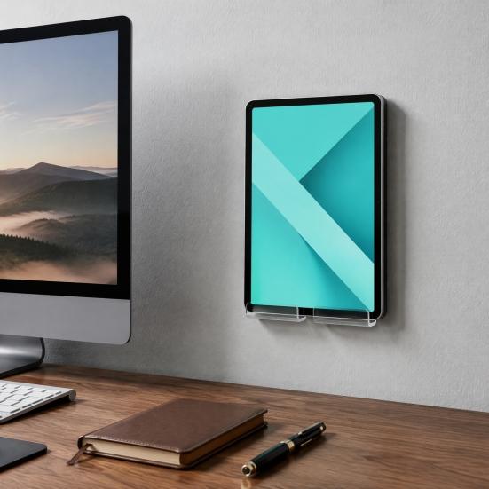 Universal Tablet Dock Acrylic Wall Mount Holder, Mounted Smartphone Stand, Kitchen Cable And Charging Hole Organizer for Living Room Office